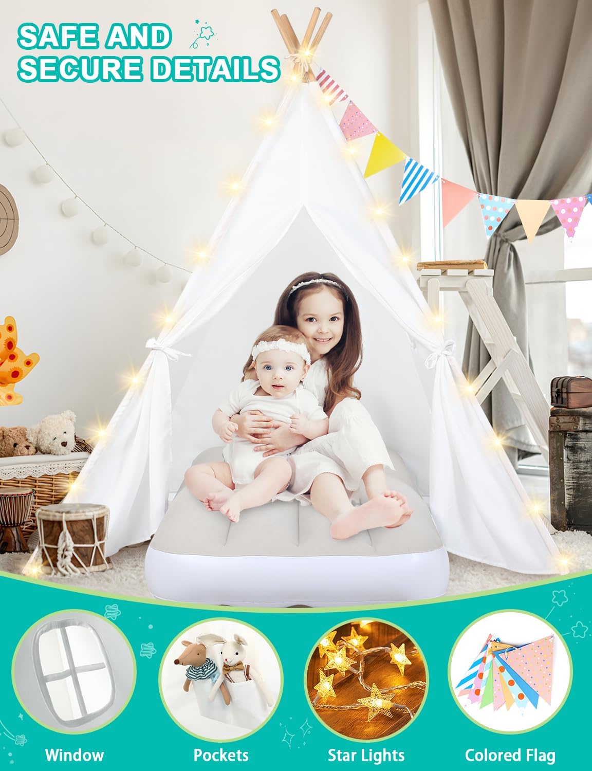 Teepee Tent for Kids Slumber Party 6 Pack - Inflatable Airbed  Star Lights amp; Colored Flag - Indoor Outdoor Toddler Play Tent for Girls Boys Birthday Gifts Sleepover Party (White) · v7