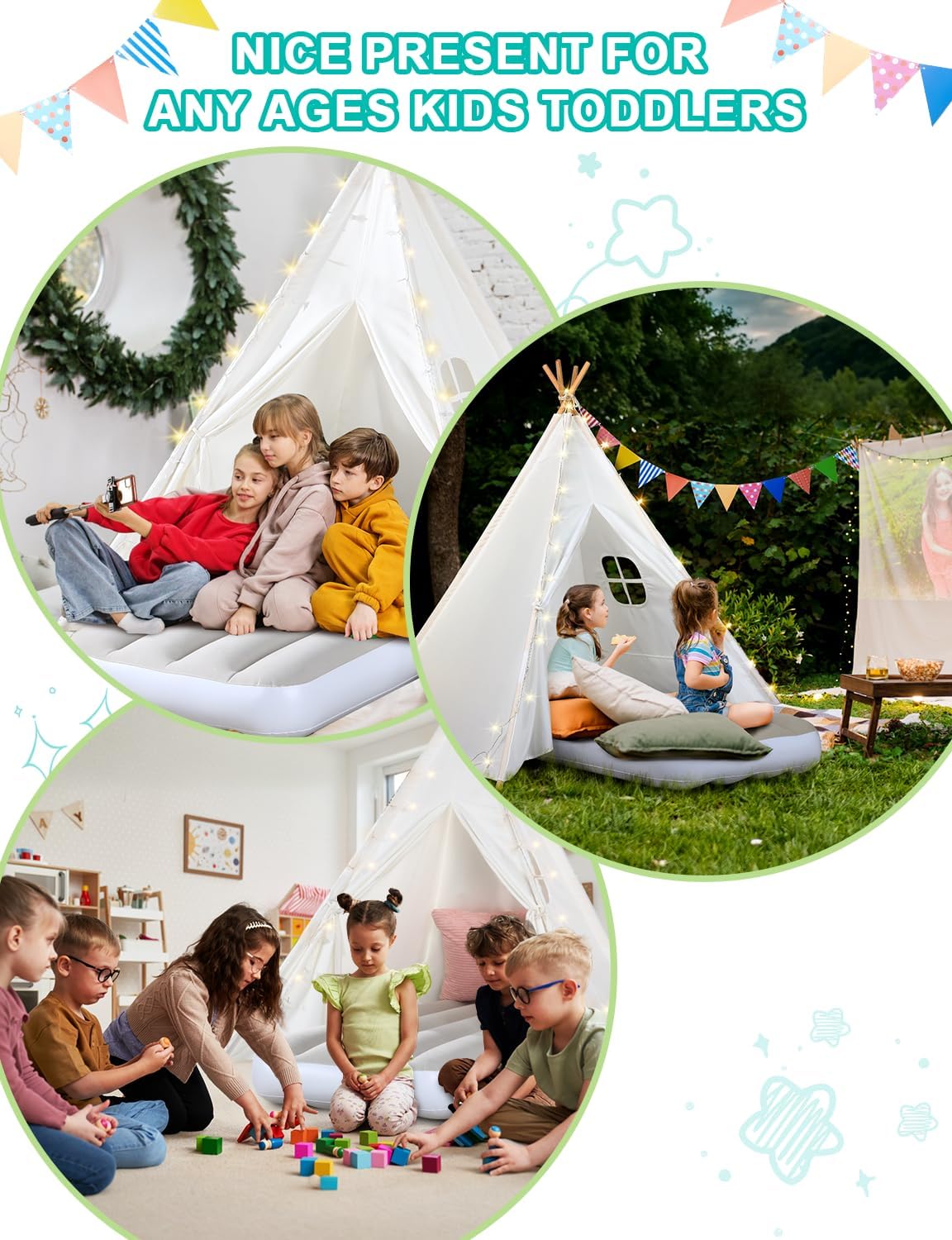 Teepee Tent for Kids Slumber Party 6 Pack - Inflatable Airbed  Star Lights amp; Colored Flag - Indoor Outdoor Toddler Play Tent for Girls Boys Birthday Gifts Sleepover Party (White) · v7