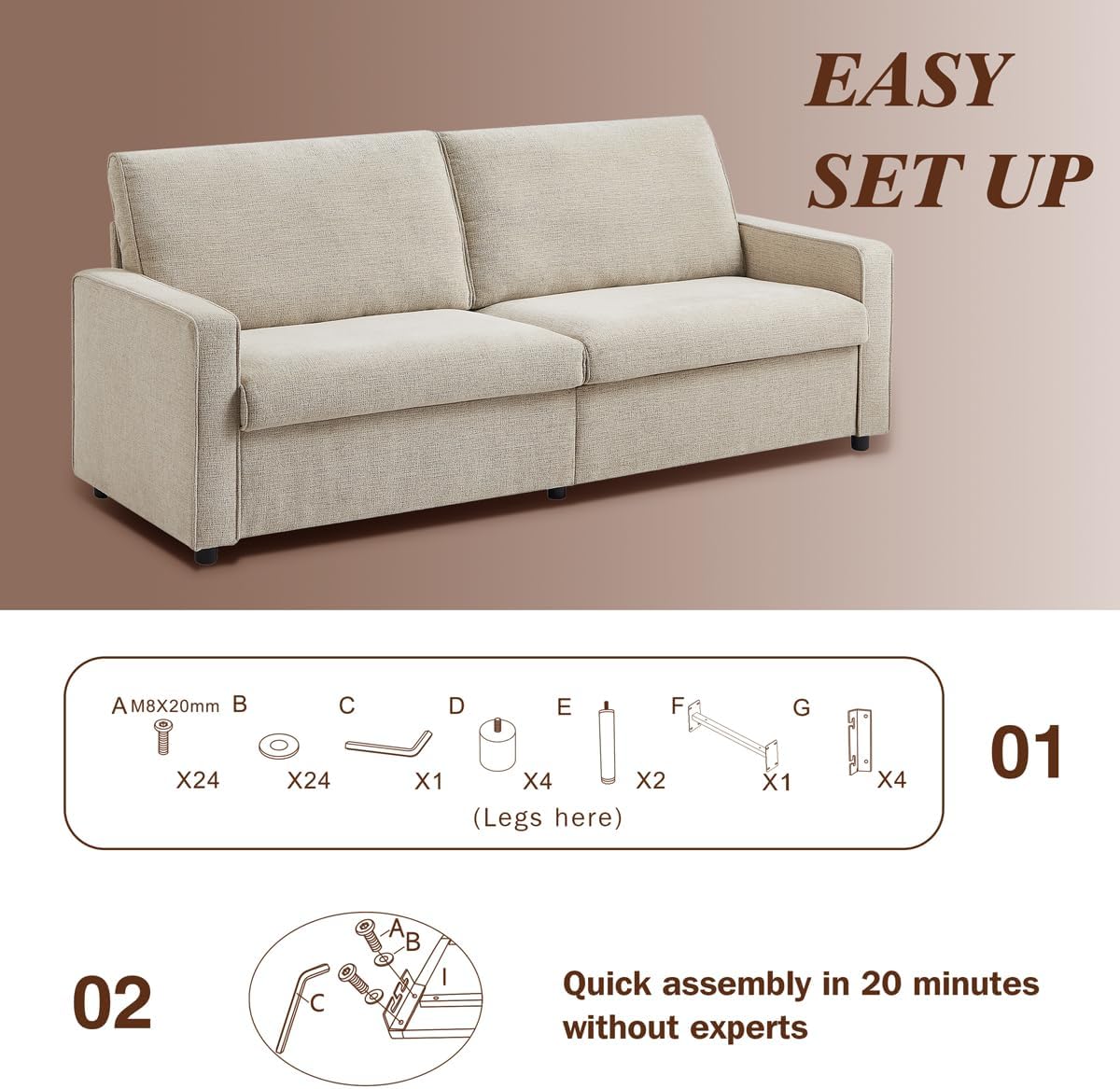 80' Loveseat Sofa, Small Couches for Living Room, Modern Love Seat 3 Seater Chenille Linen Sofa Couches, Removable Cushion Cover, Comfy Couch for Bedroom/Office/Apartment/Small Space, Beige · v2