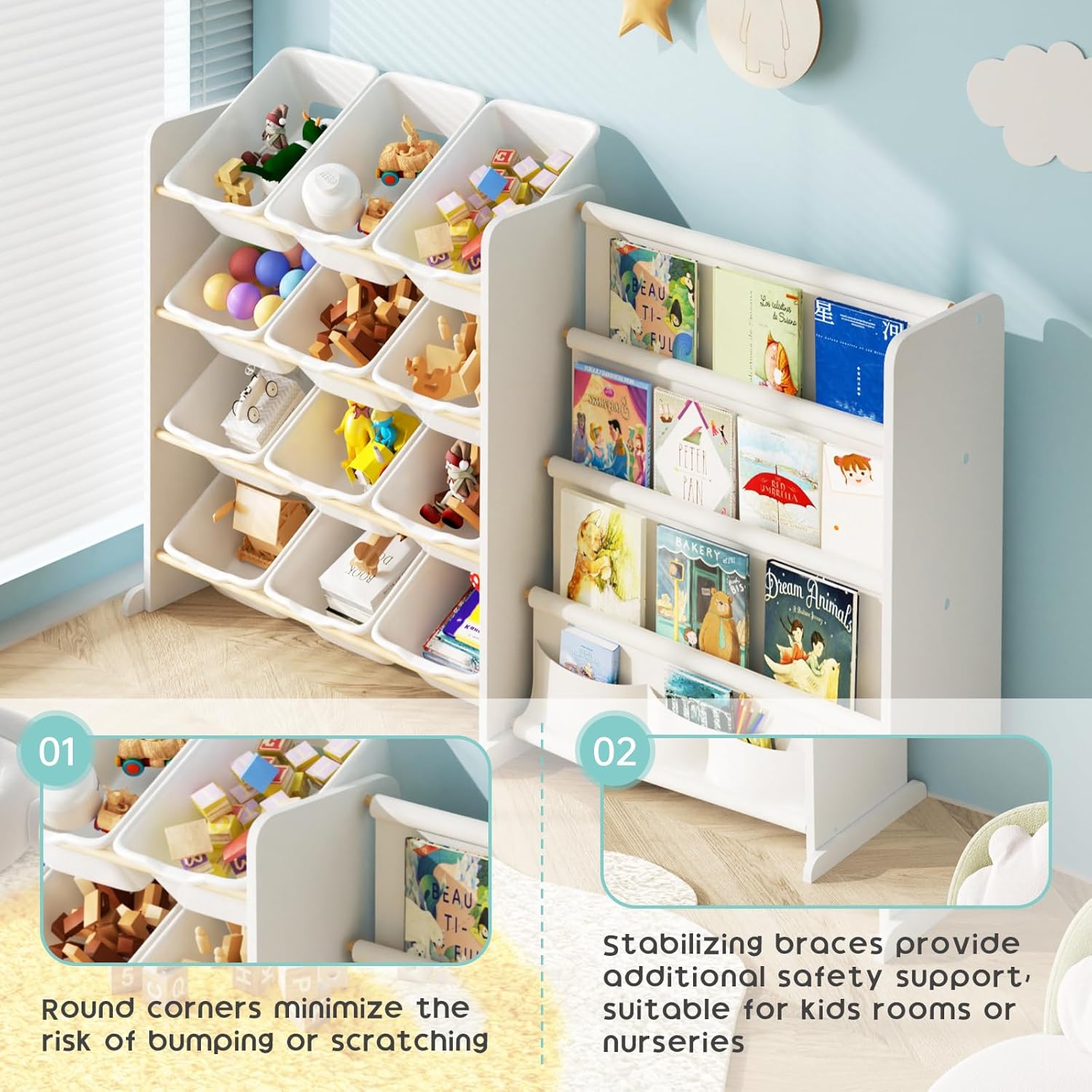 ชั้นวางของเล่นสำหรับเด็ก - ชั้นวางของเล่นพร้อมชั้นวางหนังสือสำหรับเด็ก ชั้นวางของเล่นพร้อมถังสีขาว 12 ใบและชั้นวางหนังสือ 4 ชั้น ชั้นวางของเล่นและที่เก็บของสำหรับห้องเล่น ห้องเด็กอ่อน ห้องเด็ก สีขาว