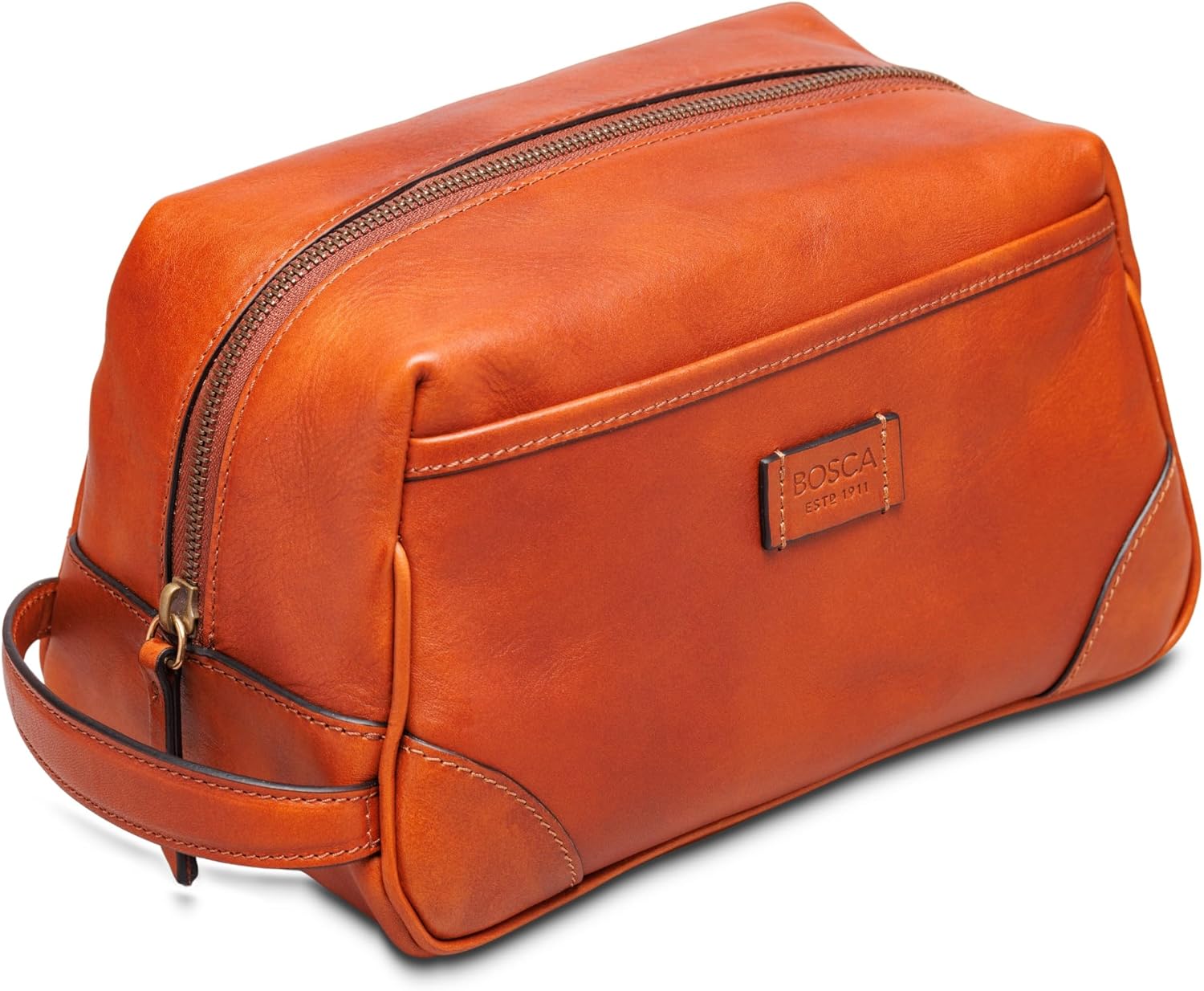 Bosca Leather Toiletry Bag for Men - Dolce Italia Biggie Italian Made Shave Kit with Large Capacity - Full Grain Leather Mens Dopp Kit, Spacious Interior - Vintage Brass Zip - Brown · v6
