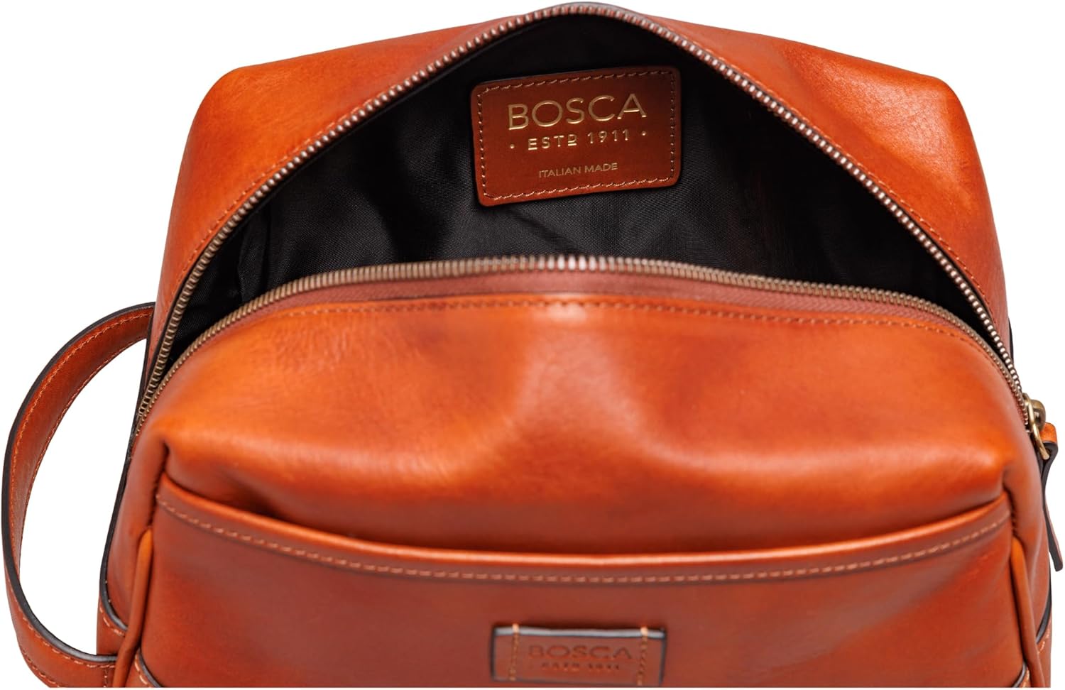 Tas Perlengkapan Mandi Kulit Bosca untuk Pria - Tas Cukur Dolce Italia Biggie Buatan Italia dengan Kapasitas Besar - Tas Cukur Pria Kulit Asli, Interior Luas - Ritsleting Kuningan Vintage - Cokelat