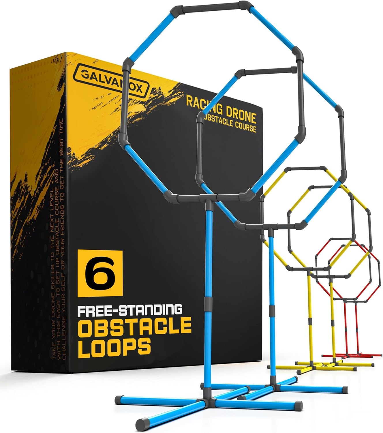 Kit da corsa a ostacoli con drone Galvanox a 6 anelli, (6) Resistenti cerchi autoportanti in PVC per gare da competizione - Ottimo set da gioco pratico per bambini e adulti (3 diverse dimensioni di loop)