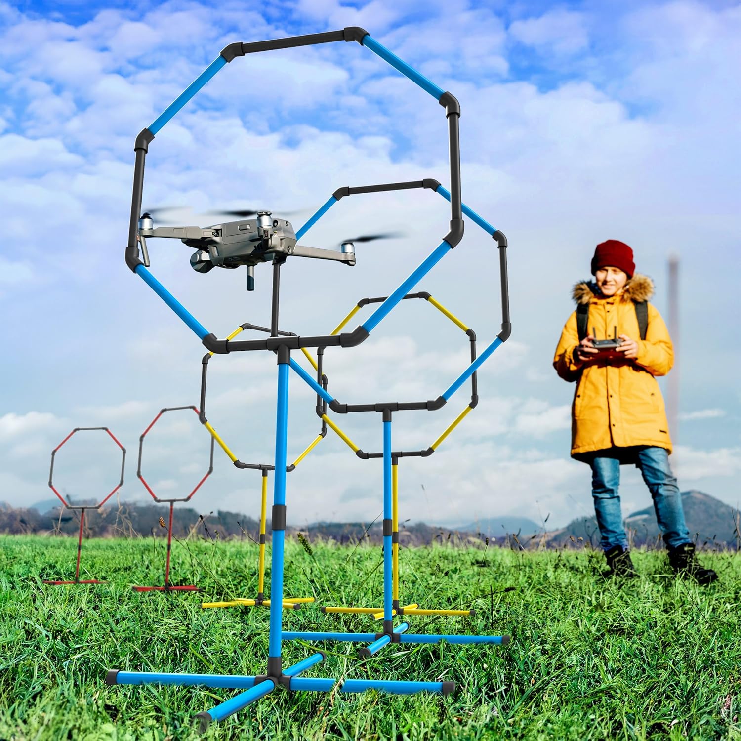 Kit da corsa a ostacoli con drone Galvanox a 6 anelli, (6) Resistenti cerchi autoportanti in PVC per gare da competizione - Ottimo set da gioco pratico per bambini e adulti (3 diverse dimensioni di loop)