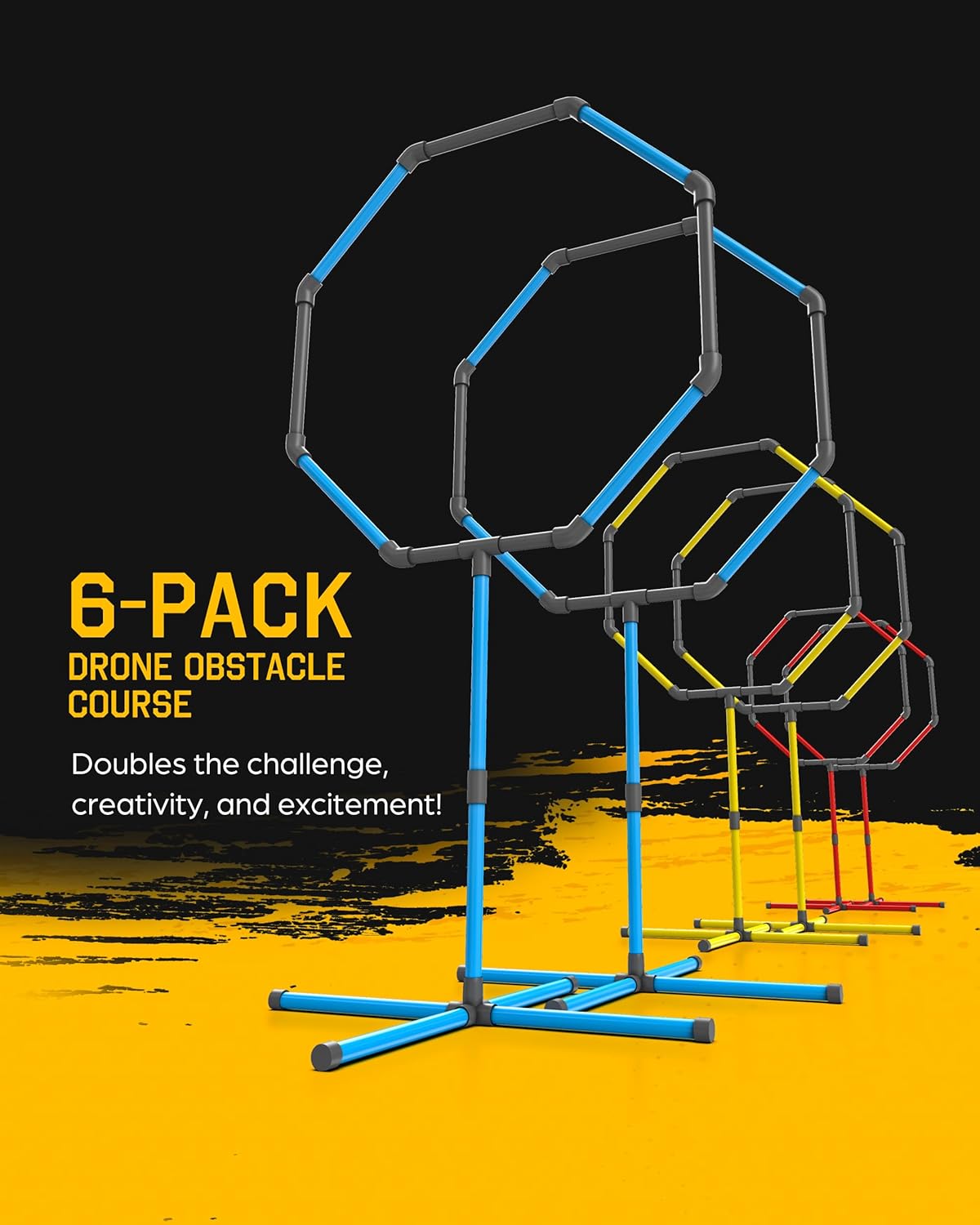 Kit da corsa a ostacoli con drone Galvanox a 6 anelli, (6) Resistenti cerchi autoportanti in PVC per gare da competizione - Ottimo set da gioco pratico per bambini e adulti (3 diverse dimensioni di loop)