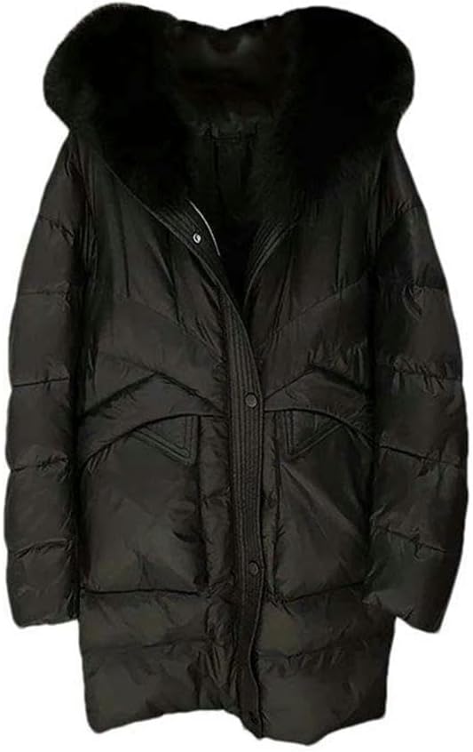 Womens Parka Mid-Length Solid Color Plush Collar Hooded Long Down Jacket Warm Casual Winter Clothing