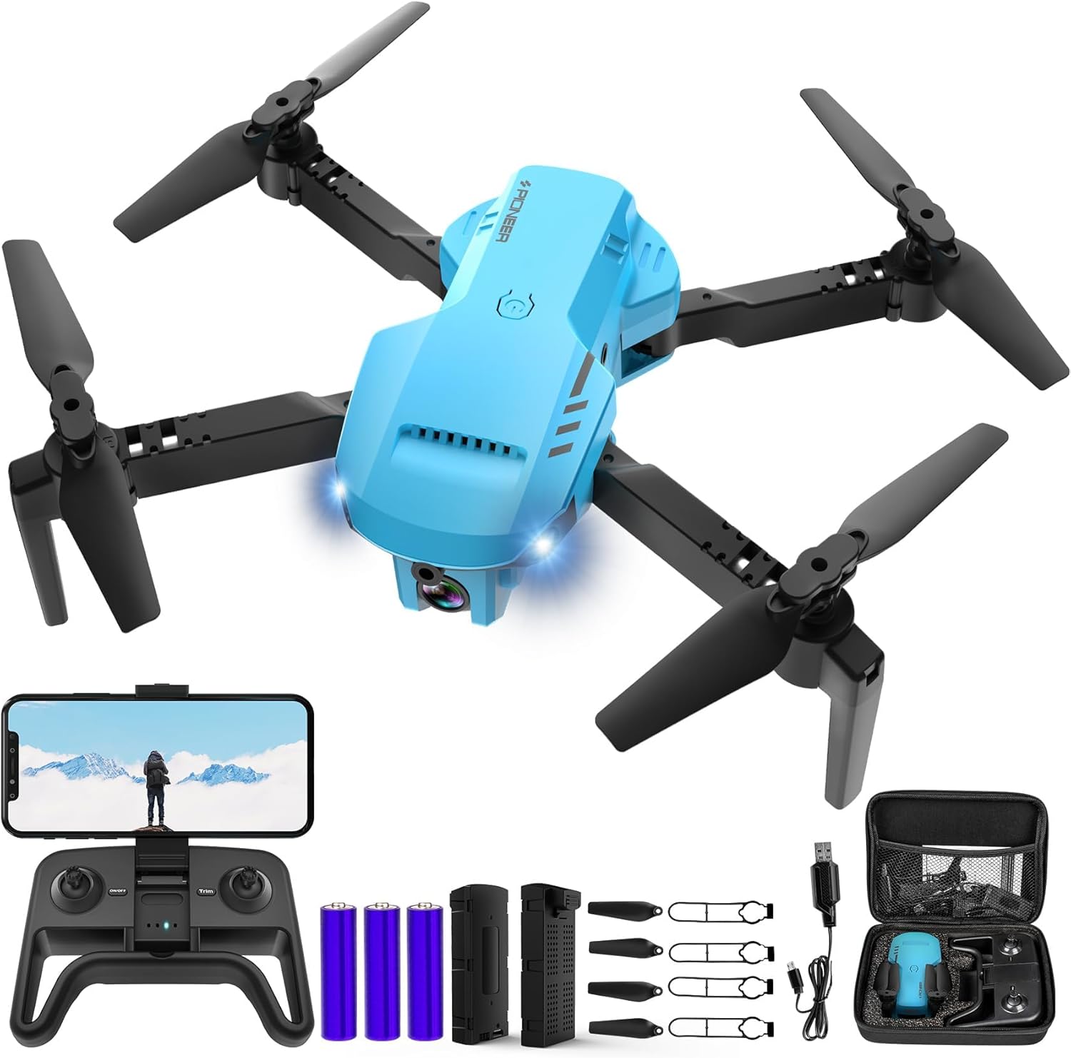 Mini drone con fotocamera - Drone pieghevole FPV HD 1080P con custodia per il trasporto, 2 batterie, obiettivo regolabile a 90°, decollo/atterraggio con un tasto, mantenimento dell'altitudine, capovolgimento a 360°, regali droni per adulti e adulti