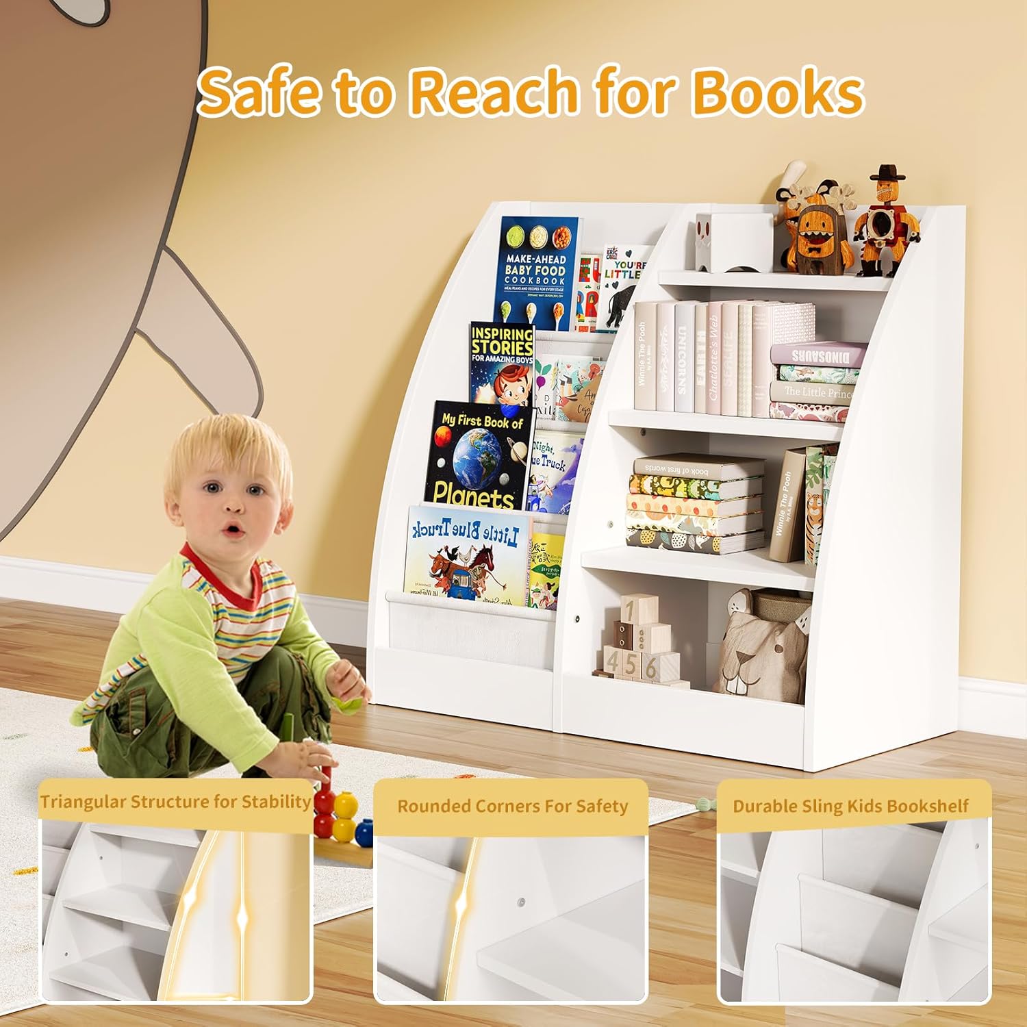 4 Tier Kids Bookshelf, 4 Layer Sling Kids Book Shelf for Kids Rooms,Wood Children Bookcase,Baby Storage Book Rack,Toddler Bookshelf, Book and Toy Organizer,Book Display Shelf for Bedroom, Nursery · v3