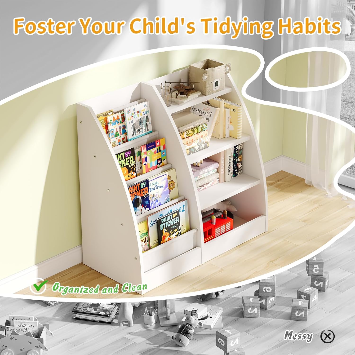 4 Tier Kids Bookshelf, 4 Layer Sling Kids Book Shelf for Kids Rooms,Wood Children Bookcase,Baby Storage Book Rack,Toddler Bookshelf, Book and Toy Organizer,Book Display Shelf for Bedroom, Nursery · v3