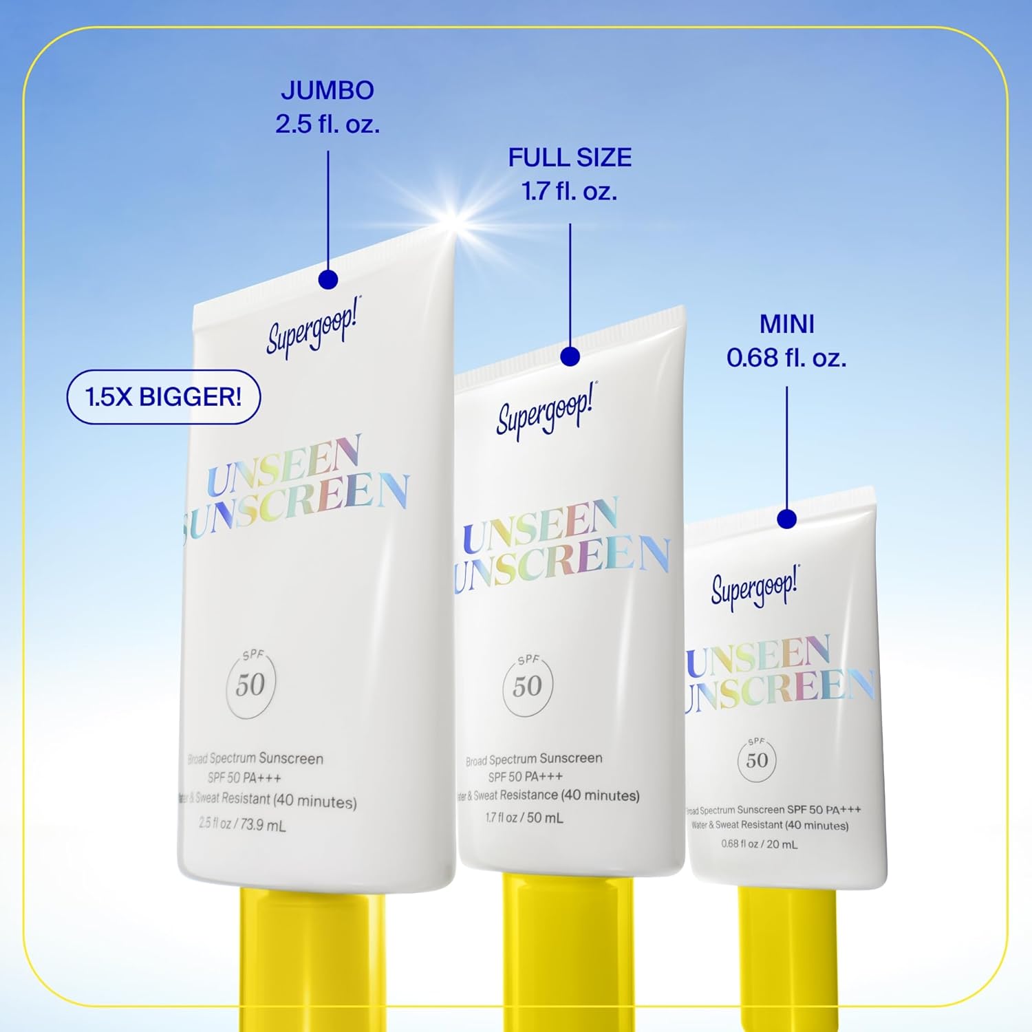 Super goop ! Écran solaire invisible SPF 50 Protection solaire invisible pour le visage - Crème solaire à large spectre pour le visage, base de maquillage adhérente, légère, inodore, sans huile - Pour tous les types de peau - 2,5 oz liq.