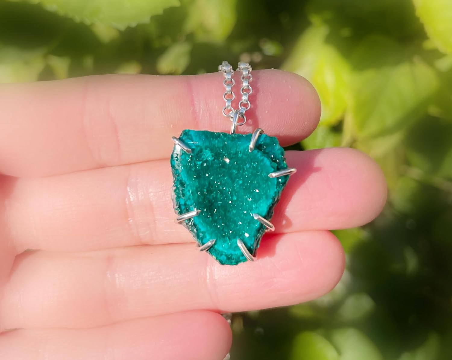 uncut dioptase pendant, emerald green dioptase necklace, raw crystal cluster pendant, rare gemstone pendant, gift for her, anniversary gift · v2