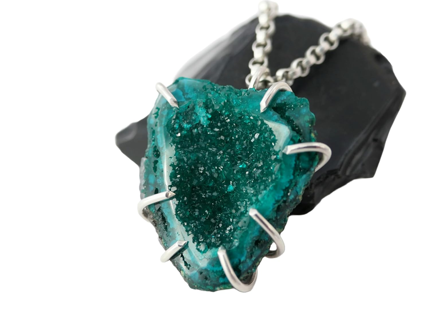 uncut dioptase pendant, emerald green dioptase necklace, raw crystal cluster pendant, rare gemstone pendant, gift for her, anniversary gift · v2