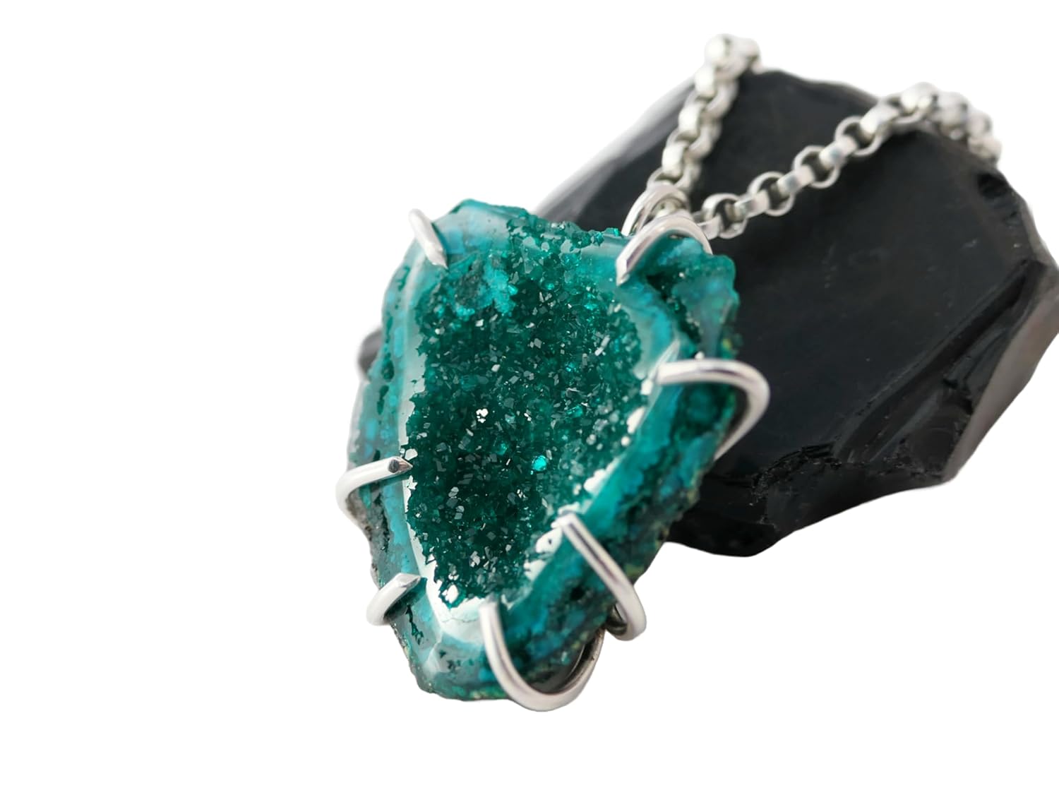 uncut dioptase pendant, emerald green dioptase necklace, raw crystal cluster pendant, rare gemstone pendant, gift for her, anniversary gift · v2