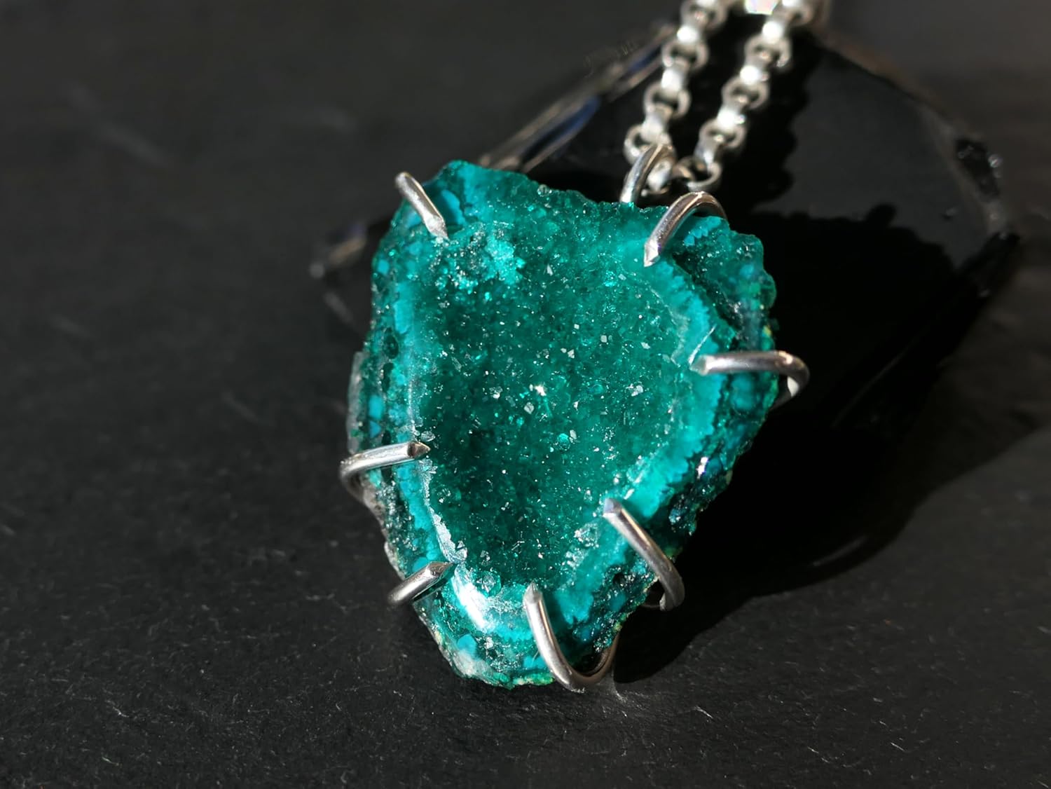 uncut dioptase pendant, emerald green dioptase necklace, raw crystal cluster pendant, rare gemstone pendant, gift for her, anniversary gift · v2