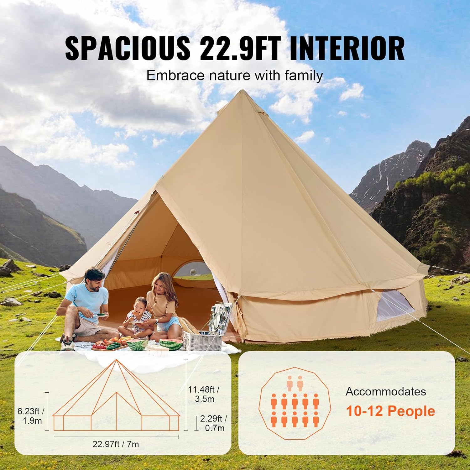 Happybuy 캔버스 벨 텐트, 7m/22.97ft 4시즌 유르트 텐트, 스토브 잭 포함, 통기성 코튼 캔버스, 가족 캠핑, 야외 파티, 사냥, 12명 수용