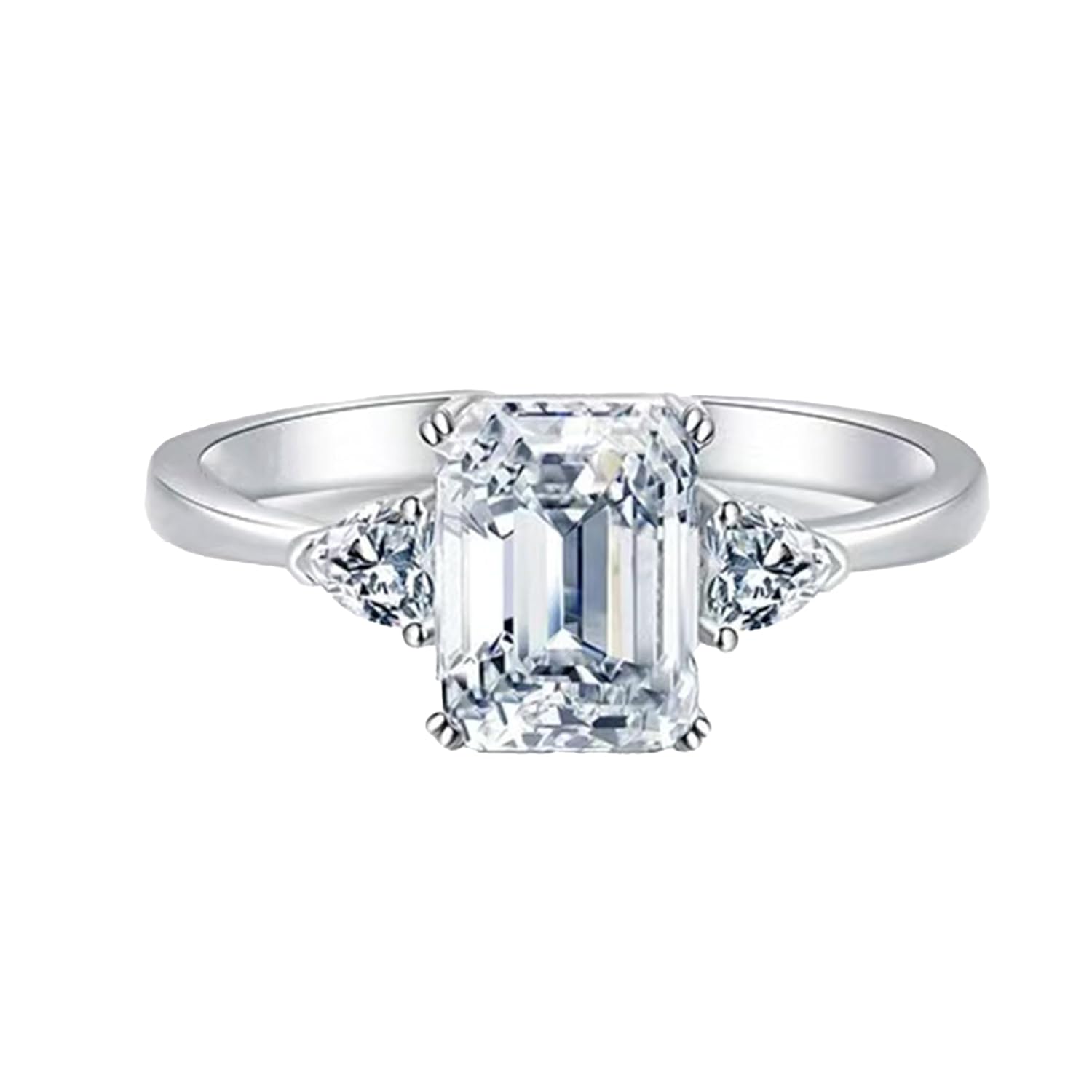 Emerald-Cut Lab-Grown Diamond Engagement Ring, 1.5 Carat with Pear-Shaped Side Stones, Platinum Handmade Bridal Jewelry · v4