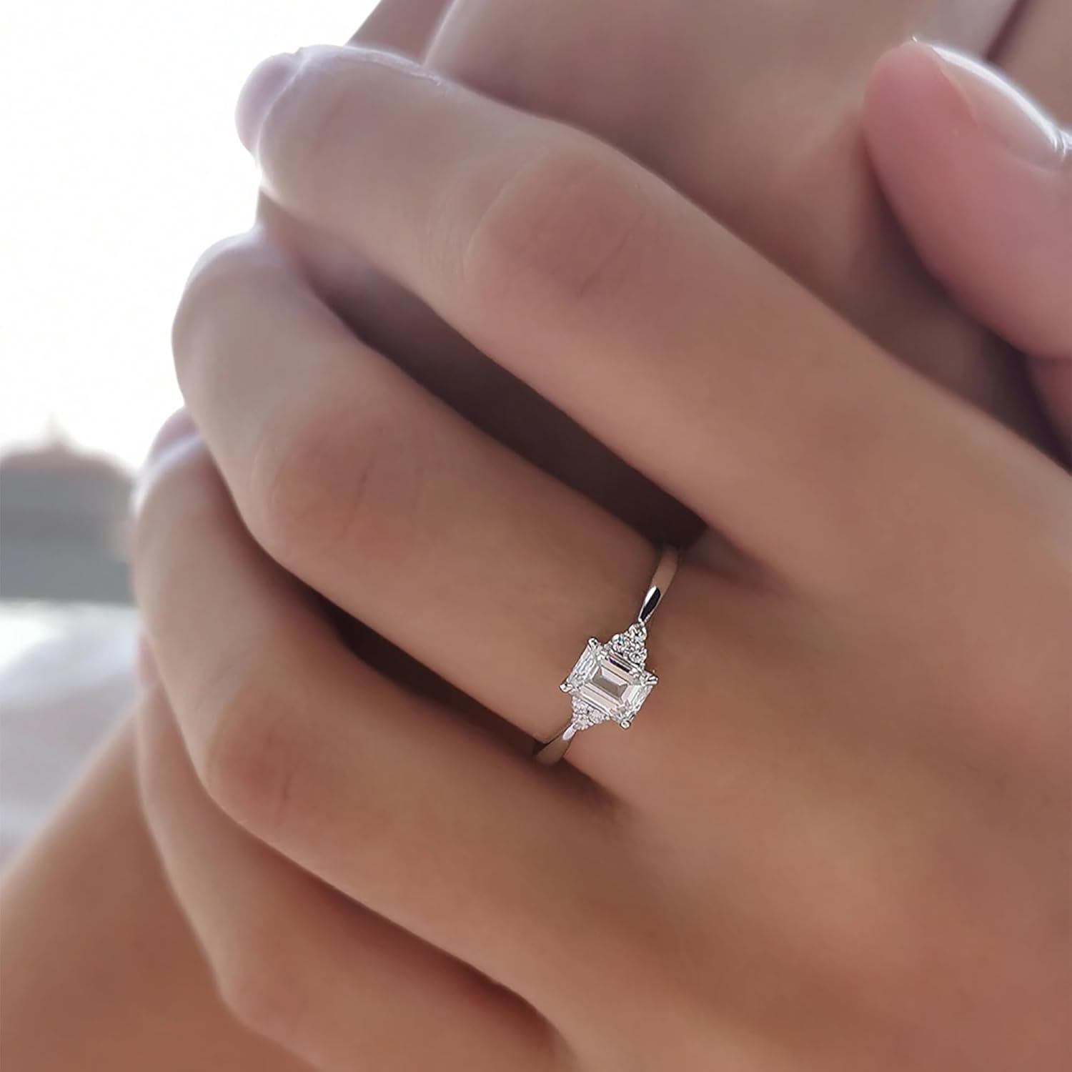 Emerald-Cut Lab-Grown Diamond Engagement Ring, 1.5 Carat with Pear-Shaped Side Stones, Platinum Handmade Bridal Jewelry · v4