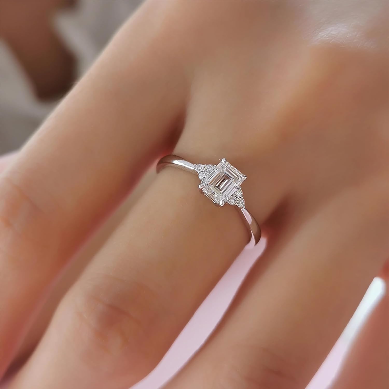 Emerald-Cut Lab-Grown Diamond Engagement Ring, 1.5 Carat with Pear-Shaped Side Stones, Platinum Handmade Bridal Jewelry · v4