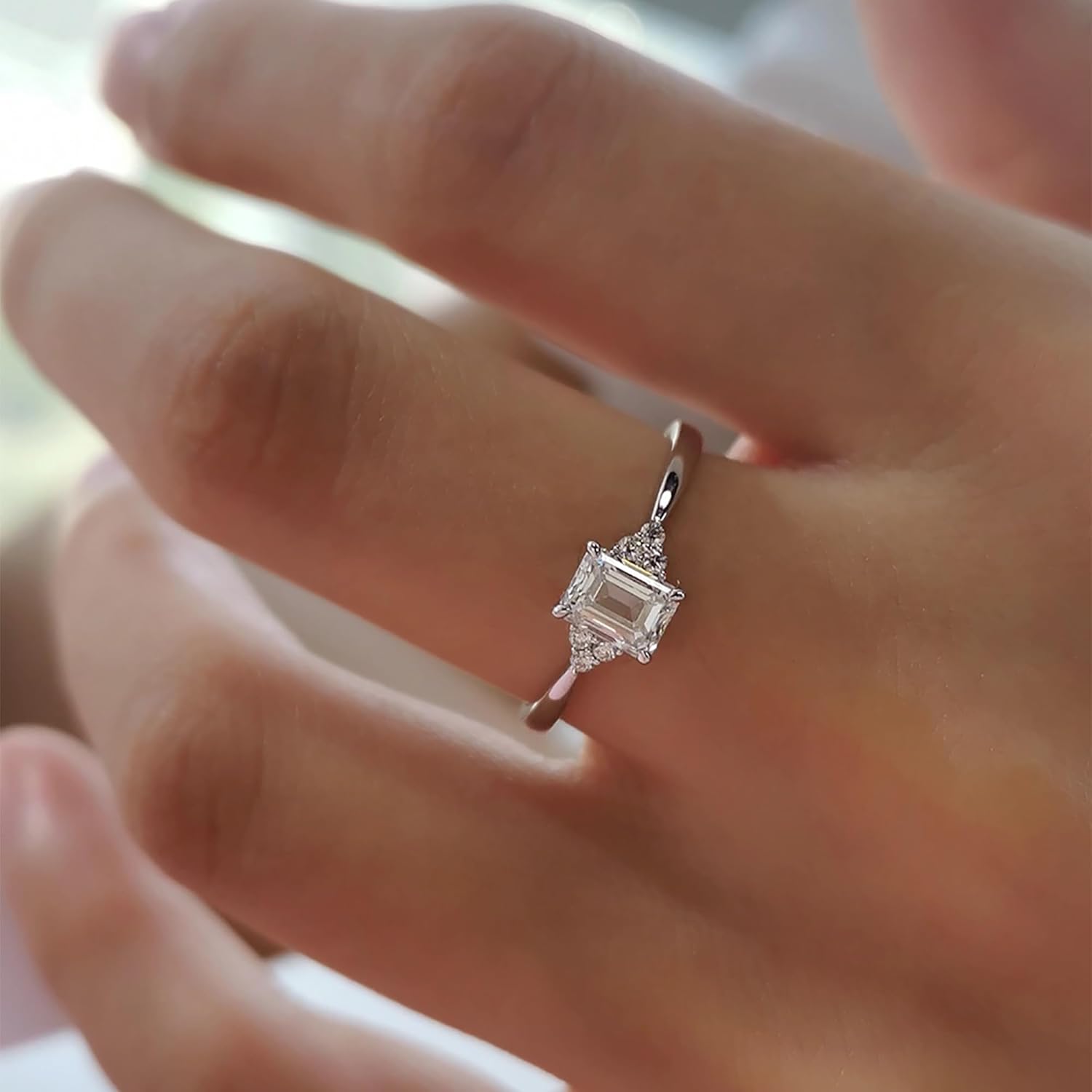 Emerald-Cut Lab-Grown Diamond Engagement Ring, 1.5 Carat with Pear-Shaped Side Stones, Platinum Handmade Bridal Jewelry · v4