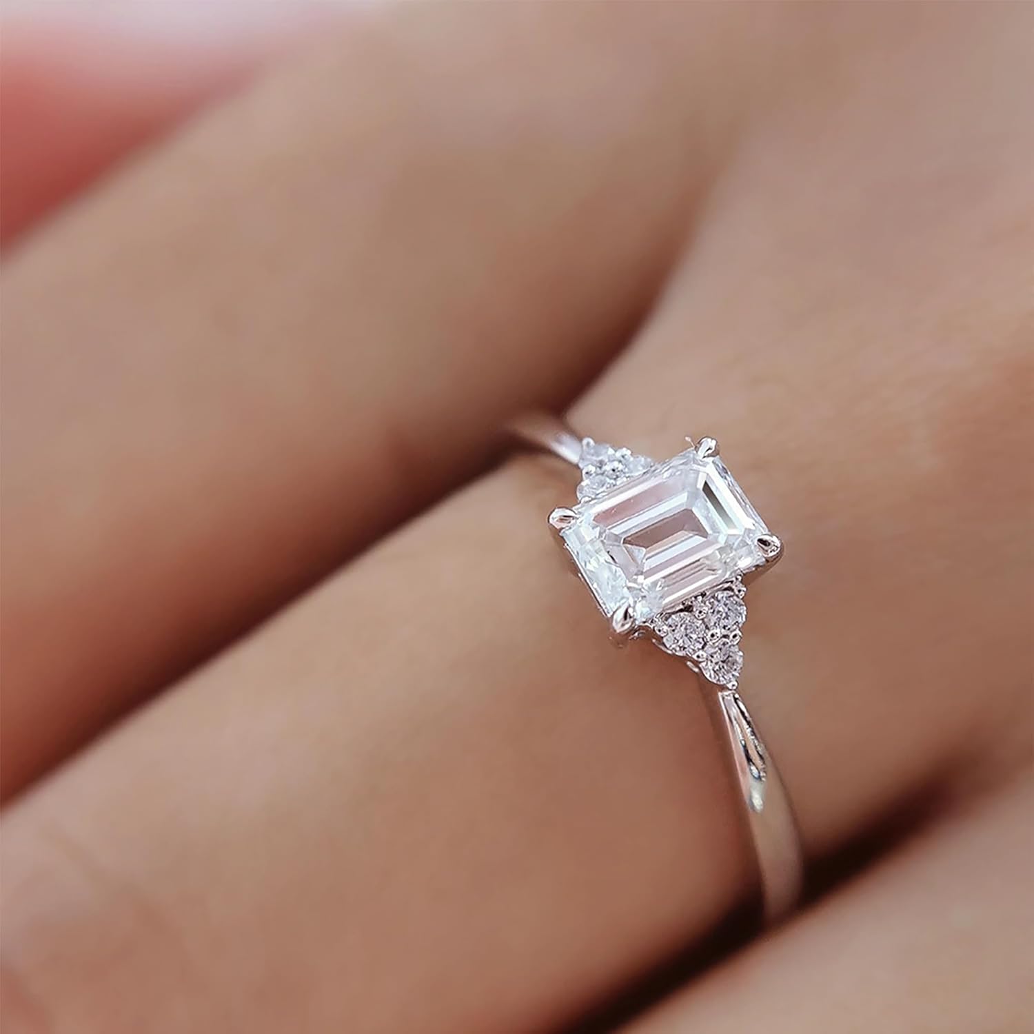 Emerald-Cut Lab-Grown Diamond Engagement Ring, 1.5 Carat with Pear-Shaped Side Stones, Platinum Handmade Bridal Jewelry · v4