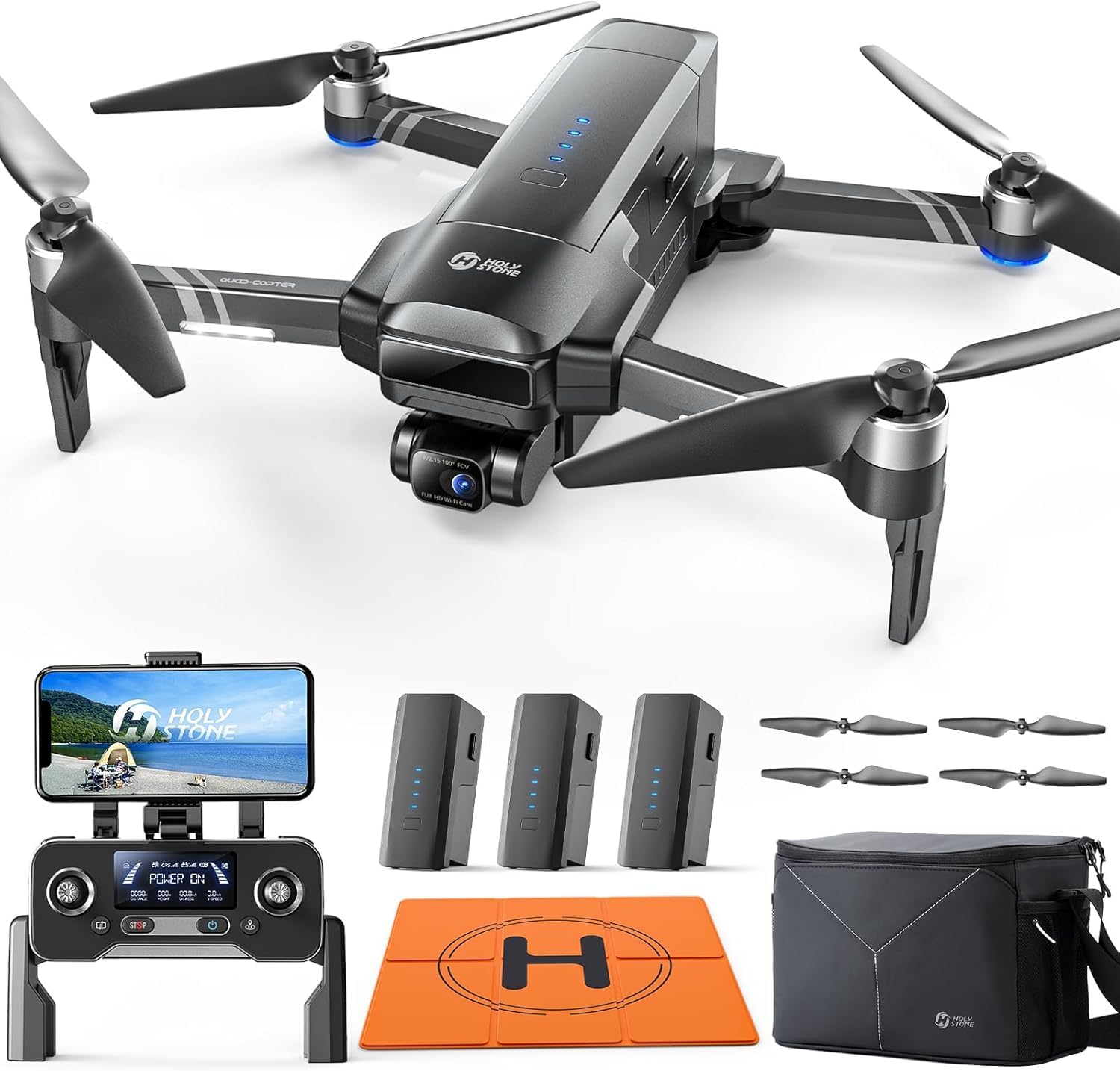 Holy Stone HS600 con 3 batterie, piattaforma di atterraggio per droni, borsa antideflagrante ignifuga
