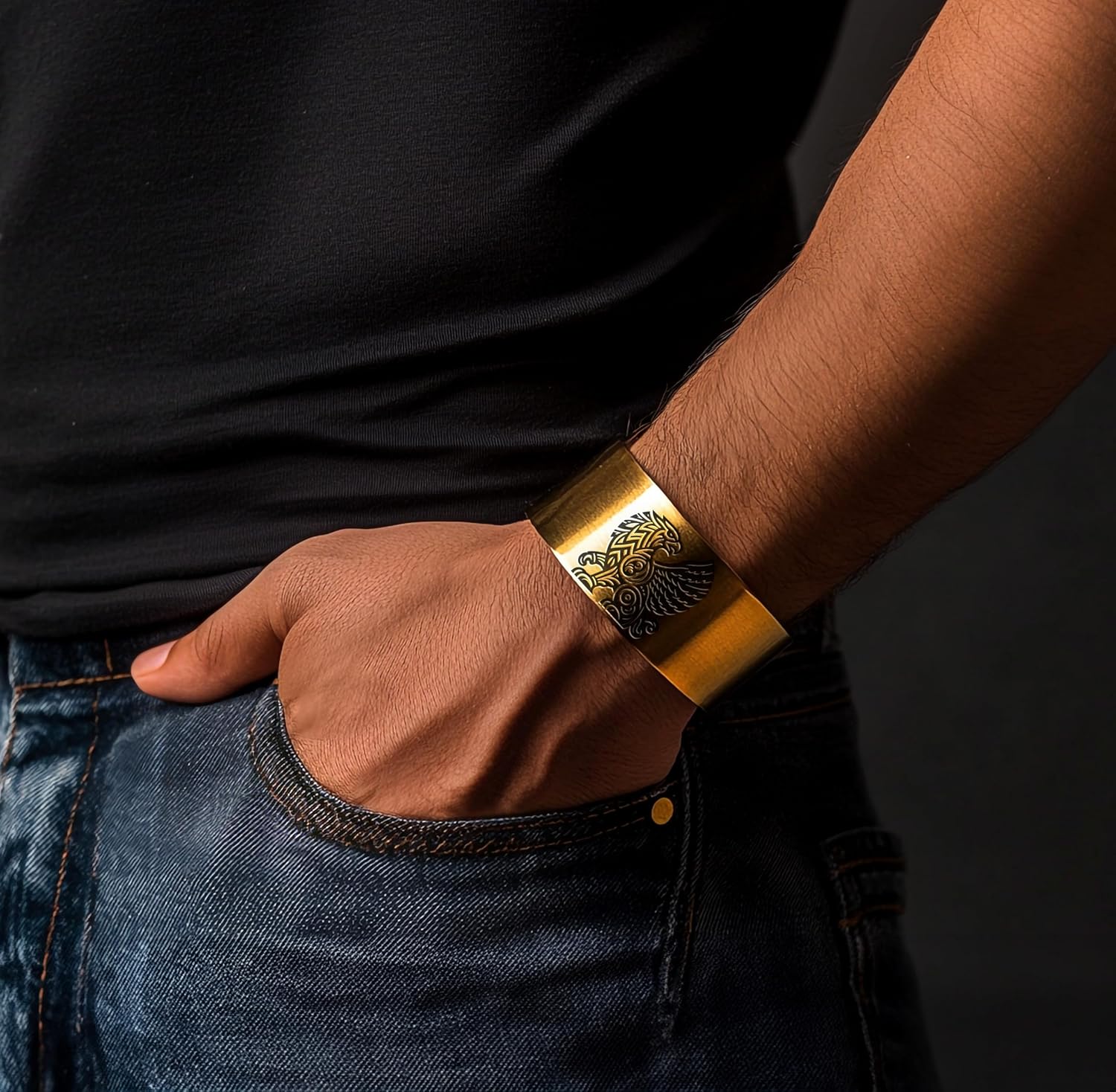 Mythical Griffin Open Cuff Bracelet - 14k Gold Wide Mens Jewelry - Ancient Design Bracelet