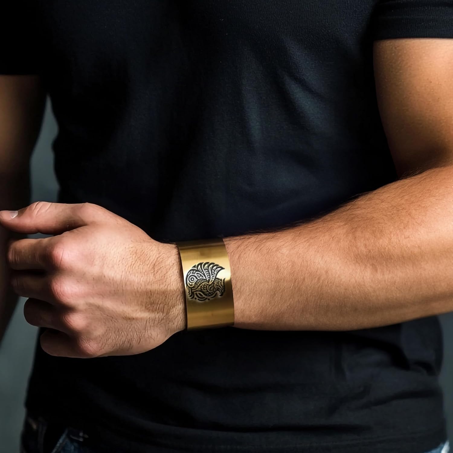 Mythical Griffin Open Cuff Bracelet - 14k Gold Wide Mens Jewelry - Ancient Design Bracelet