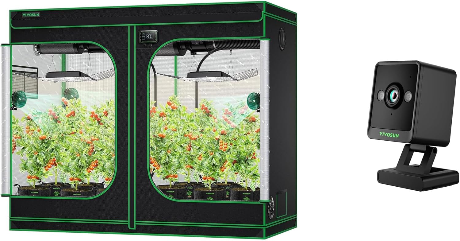 VIVOSUN S848 4x8 재배 텐트 및 GrowCam C4, 재배 텐트용 2K QHD WiFi 스마트 카메라 VGrow 스마트 재배 상자, 타임랩스, 야간 투시, SD 카드 저장, 양방향 오디오, 앱 제어