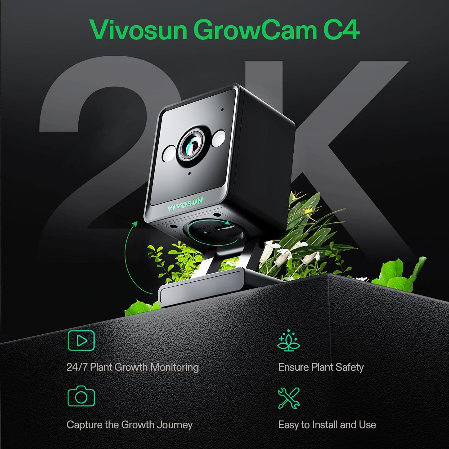 VIVOSUN S848 เต็นท์ปลูกพืช 4x8 และ GrowCam C4 กล้องอัจฉริยะ WiFi 2K QHD สำหรับเต็นท์ปลูกพืช VGrow Smart Grow Box ระบบ Timelapse ระบบมองเห็นกลางคืน พื้นที่จัดเก็บการ์ด SD ระบบเสียง 2 ทาง ควบคุมด้วยแอป