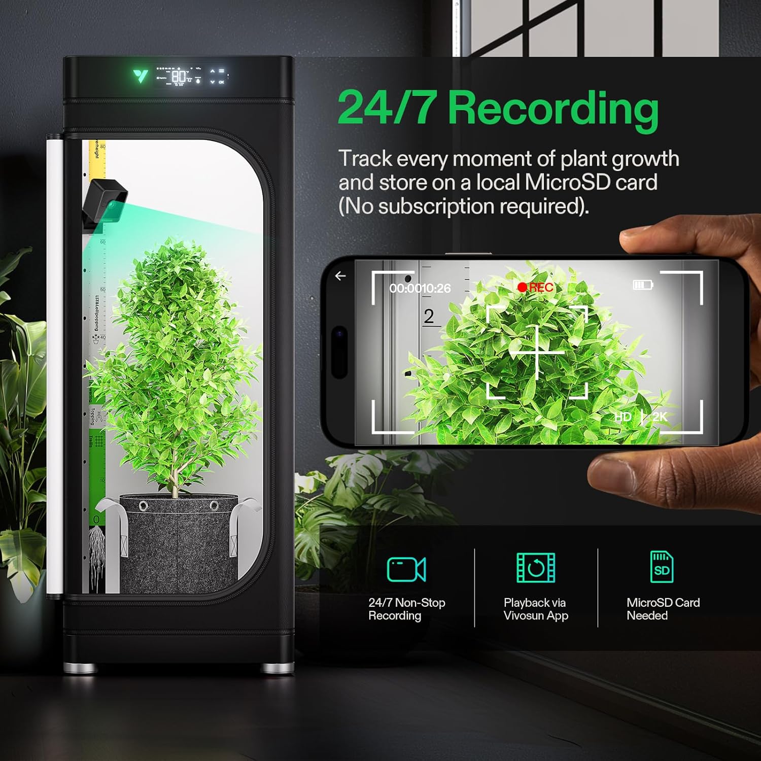 VIVOSUN S848 เต็นท์ปลูกพืช 4x8 และ GrowCam C4 กล้องอัจฉริยะ WiFi 2K QHD สำหรับเต็นท์ปลูกพืช VGrow Smart Grow Box ระบบ Timelapse ระบบมองเห็นกลางคืน พื้นที่จัดเก็บการ์ด SD ระบบเสียง 2 ทาง ควบคุมด้วยแอป
