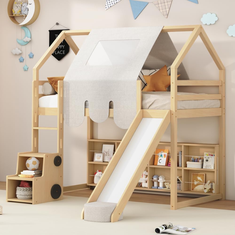 Twin Size Wooden Loft Bed House-Shaped Frame with a Tent, Natural Beige (Style1) · v9