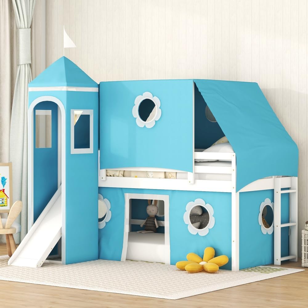 Twin Size Loft Bed with Slide Blue Tent and Tower - Blue