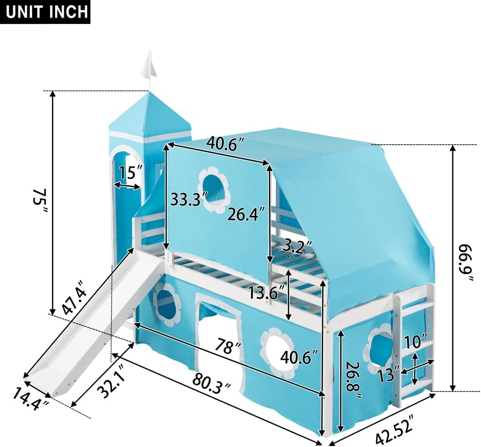 Twin Size Loft Bed with Slide Blue Tent and Tower - Blue