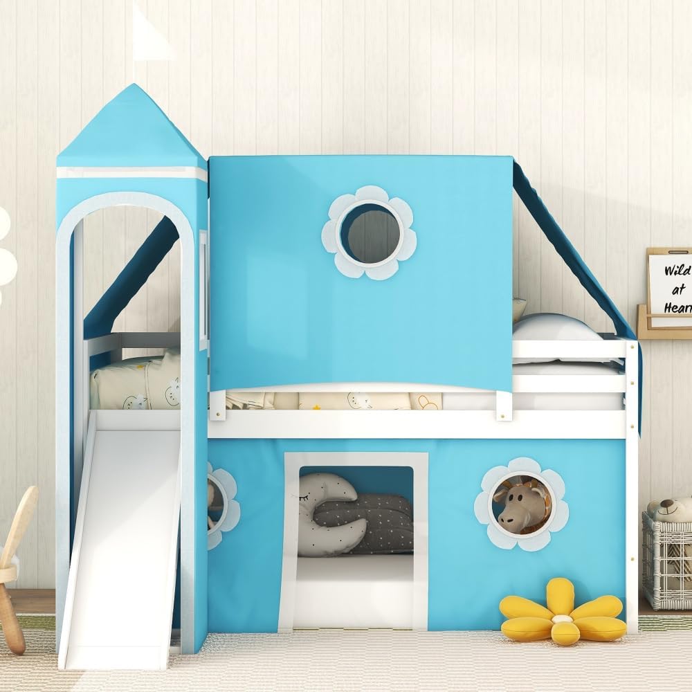 Twin Size Loft Bed with Slide Blue Tent and Tower - Blue