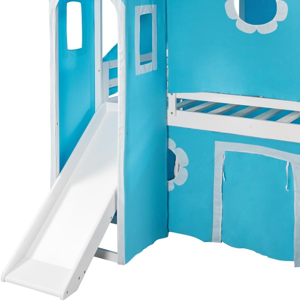 Twin Size Loft Bed with Slide Blue Tent and Tower - Blue