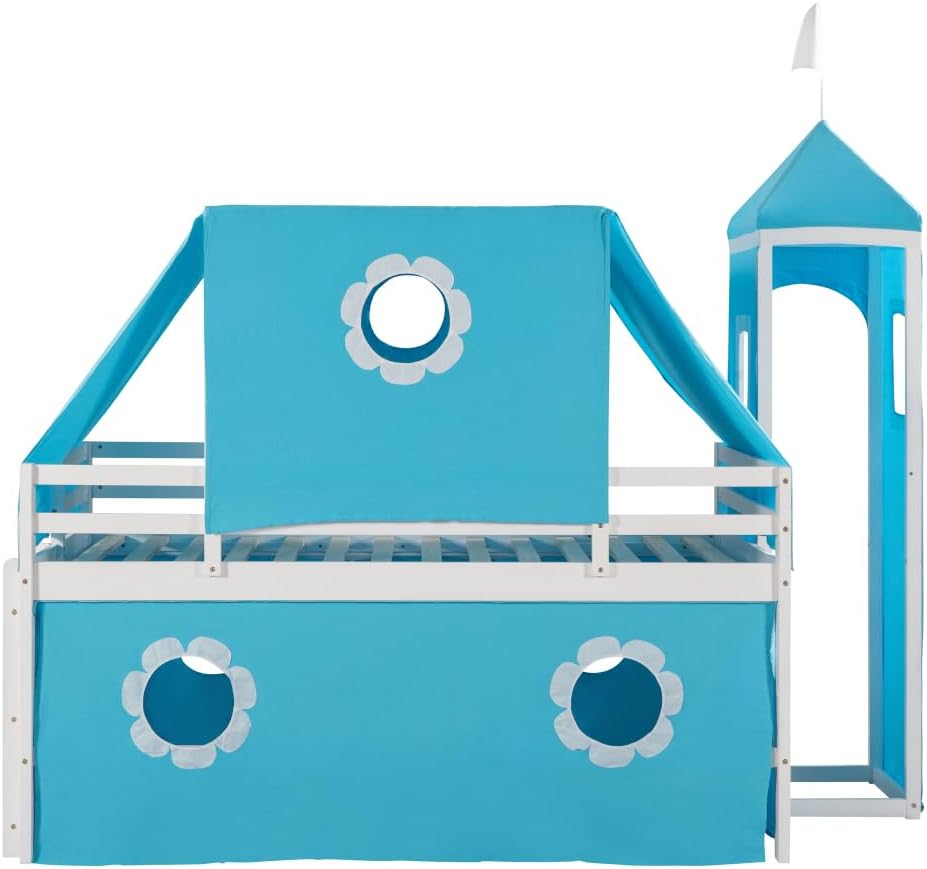 Twin Size Loft Bed with Slide Blue Tent and Tower - Blue