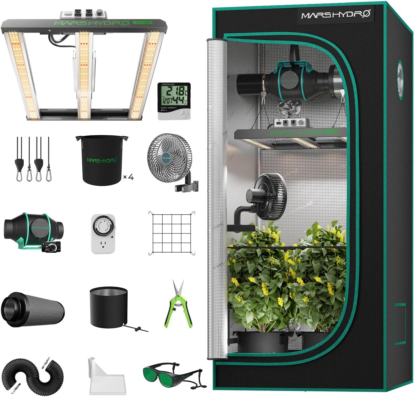 MARS HYDRO 3x3 Smart Grow Tent Kit Complete Systemwith iConnectu Controller,FC1500 Samsung LM301H Grow Light,WiFi App Dimming Control,1680D High Reflective Mylar,4inch Adjustable Ventilation System