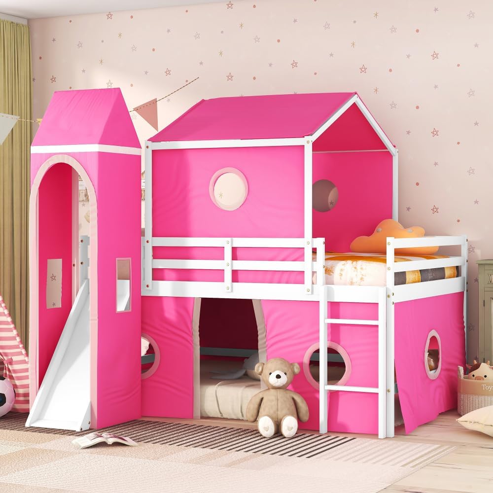 Full Size Loft Bed with Slide Pink Tent and Tower - Pink