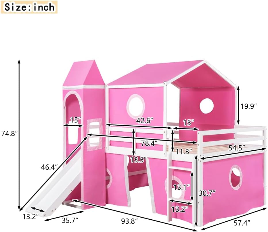 Full Size Loft Bed with Slide Pink Tent and Tower - Pink