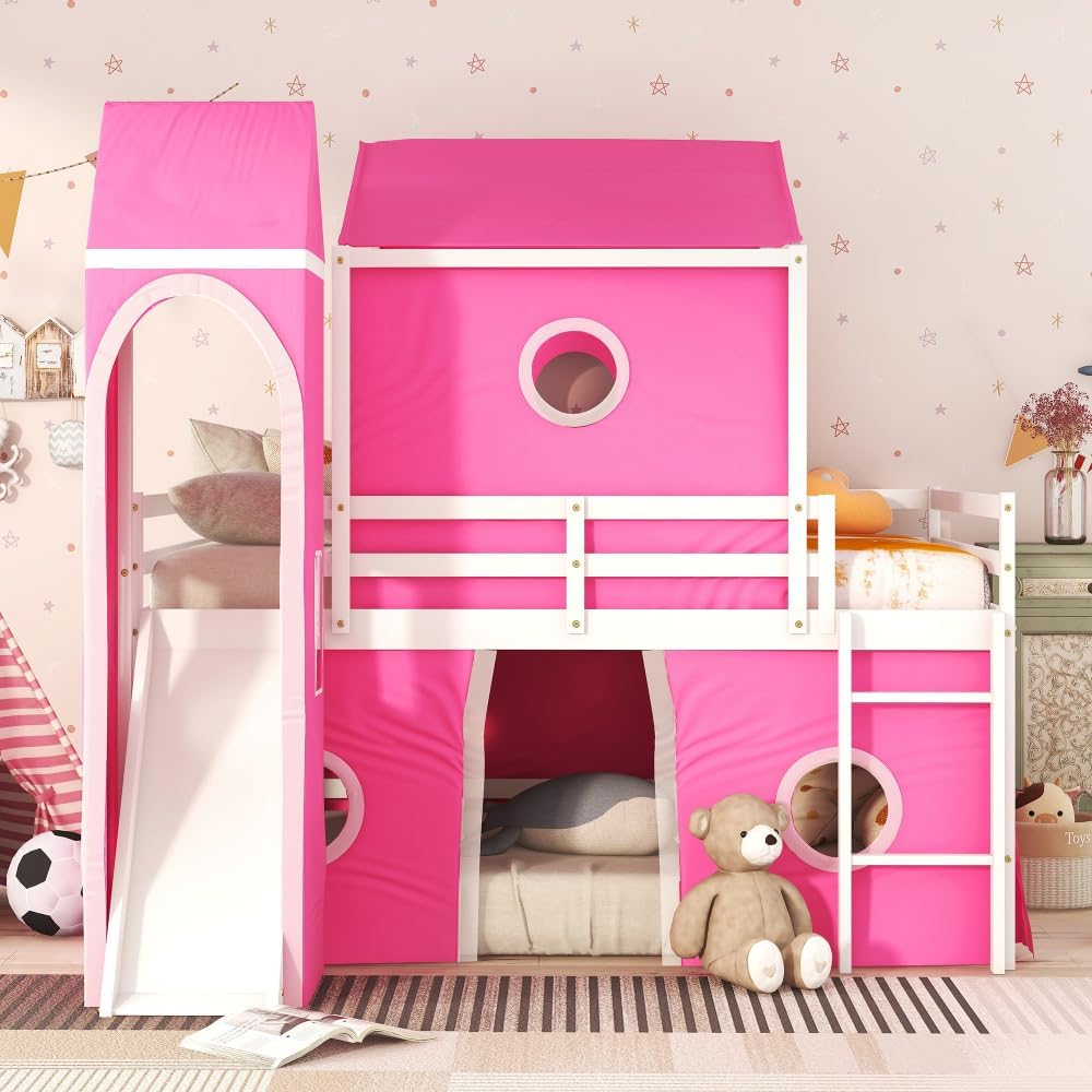 Full Size Loft Bed with Slide Pink Tent and Tower - Pink