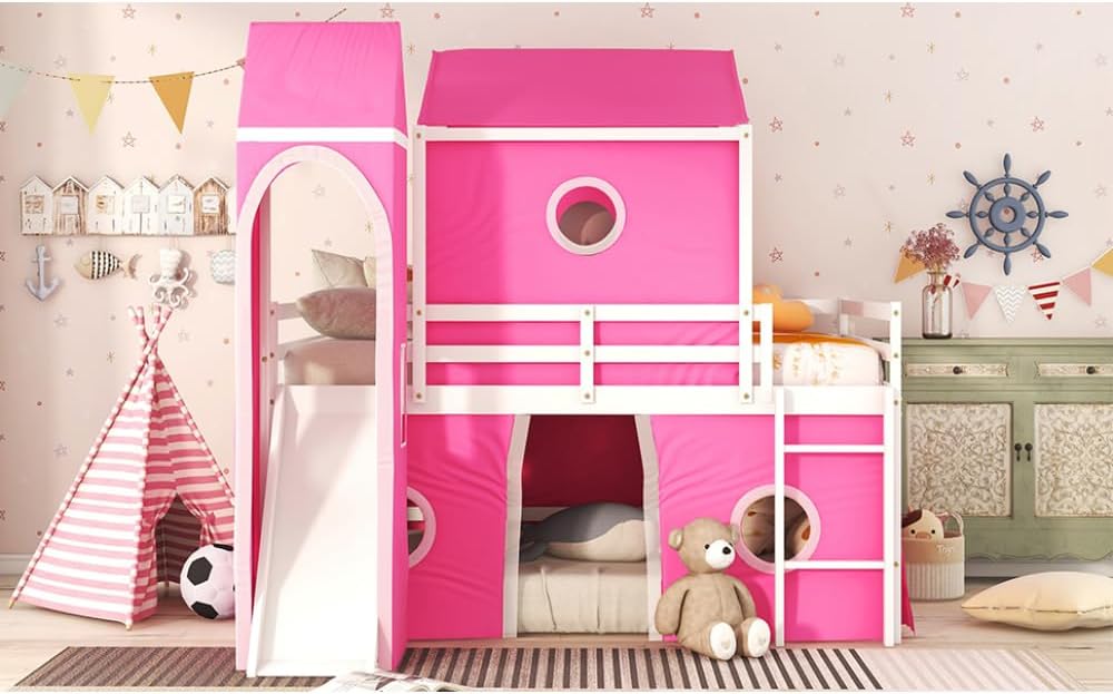 Full Size Loft Bed with Slide Pink Tent and Tower - Pink