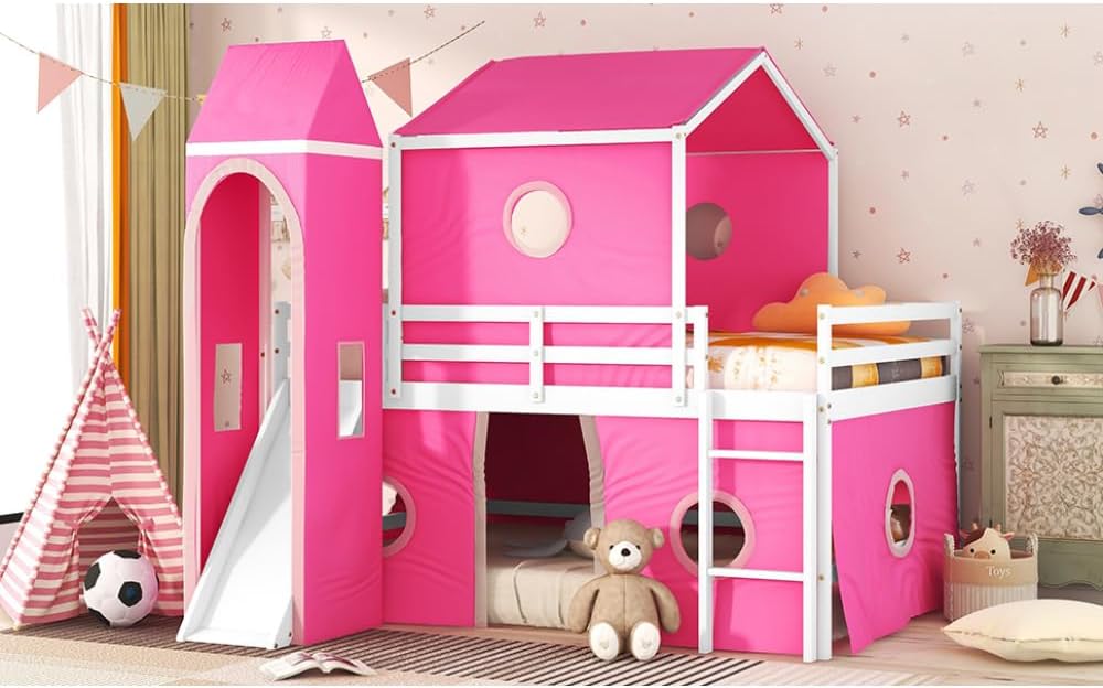 Full Size Loft Bed with Slide Pink Tent and Tower - Pink
