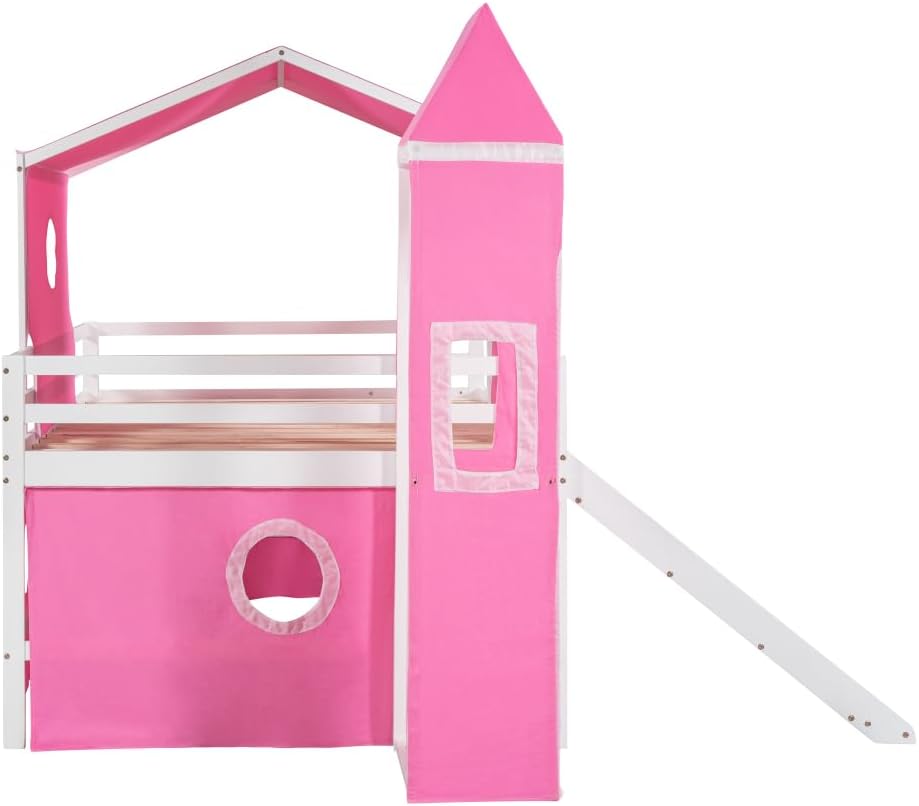 Full Size Loft Bed with Slide Pink Tent and Tower - Pink