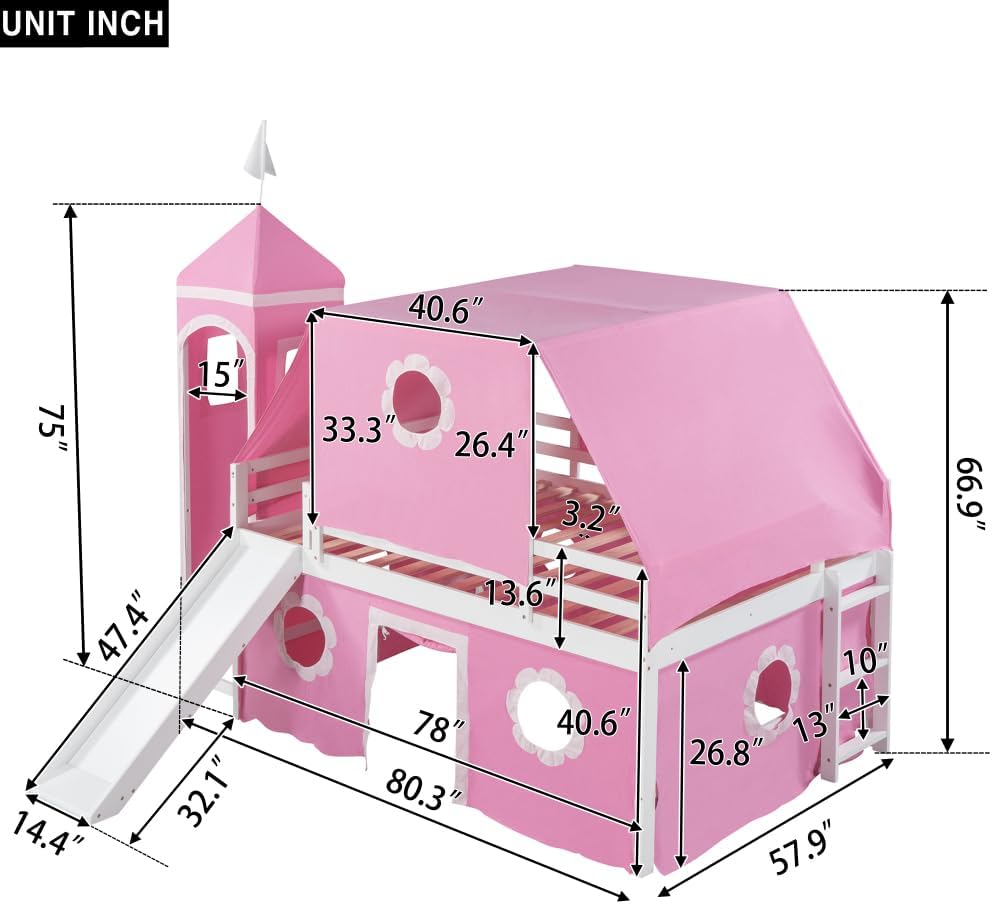 Full Size Loft Bed with Slide Pink Tent and Tower - Pink (Pink   Solid Wood MDF   Full) · v10