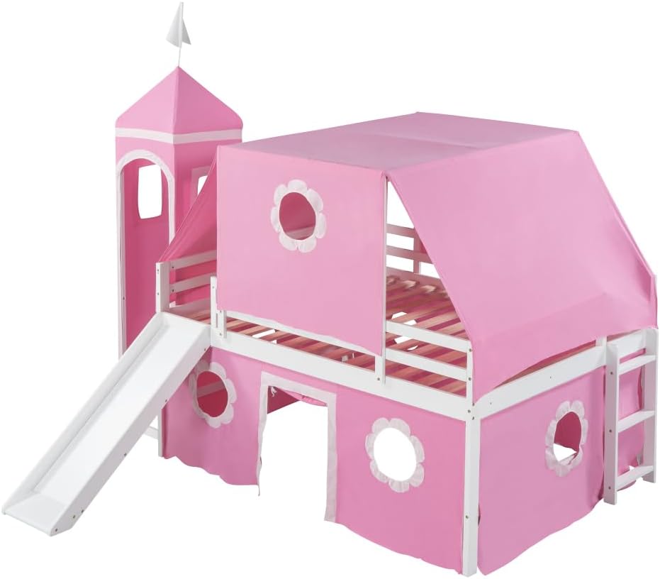 Full Size Loft Bed with Slide Pink Tent and Tower - Pink (Pink   Solid Wood MDF   Full) · v10