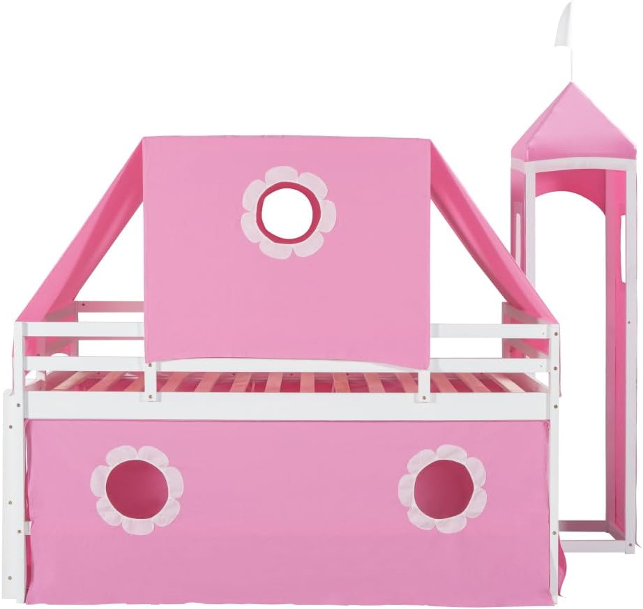 Full Size Loft Bed with Slide Pink Tent and Tower - Pink (Pink   Solid Wood MDF   Full) · v10