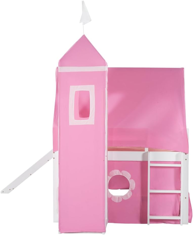 Full Size Loft Bed with Slide Pink Tent and Tower - Pink (Pink   Solid Wood MDF   Full) · v10