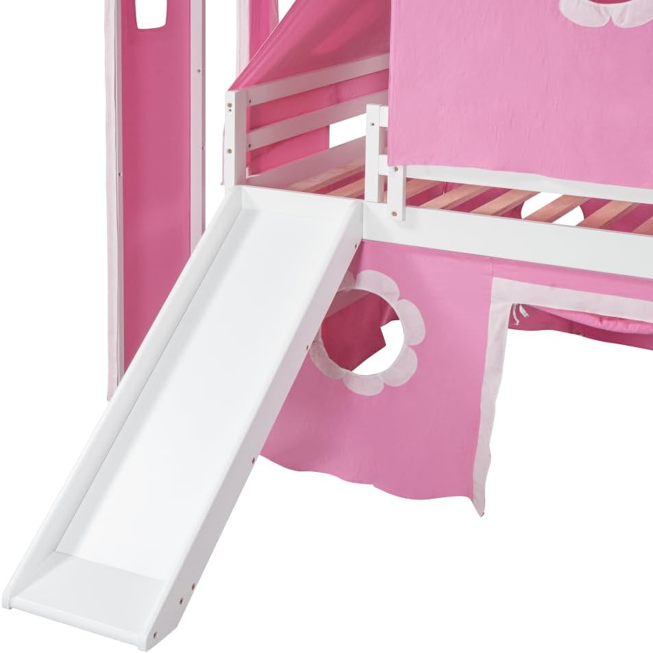Full Size Loft Bed with Slide Pink Tent and Tower - Pink (Pink   Solid Wood MDF   Full) · v10
