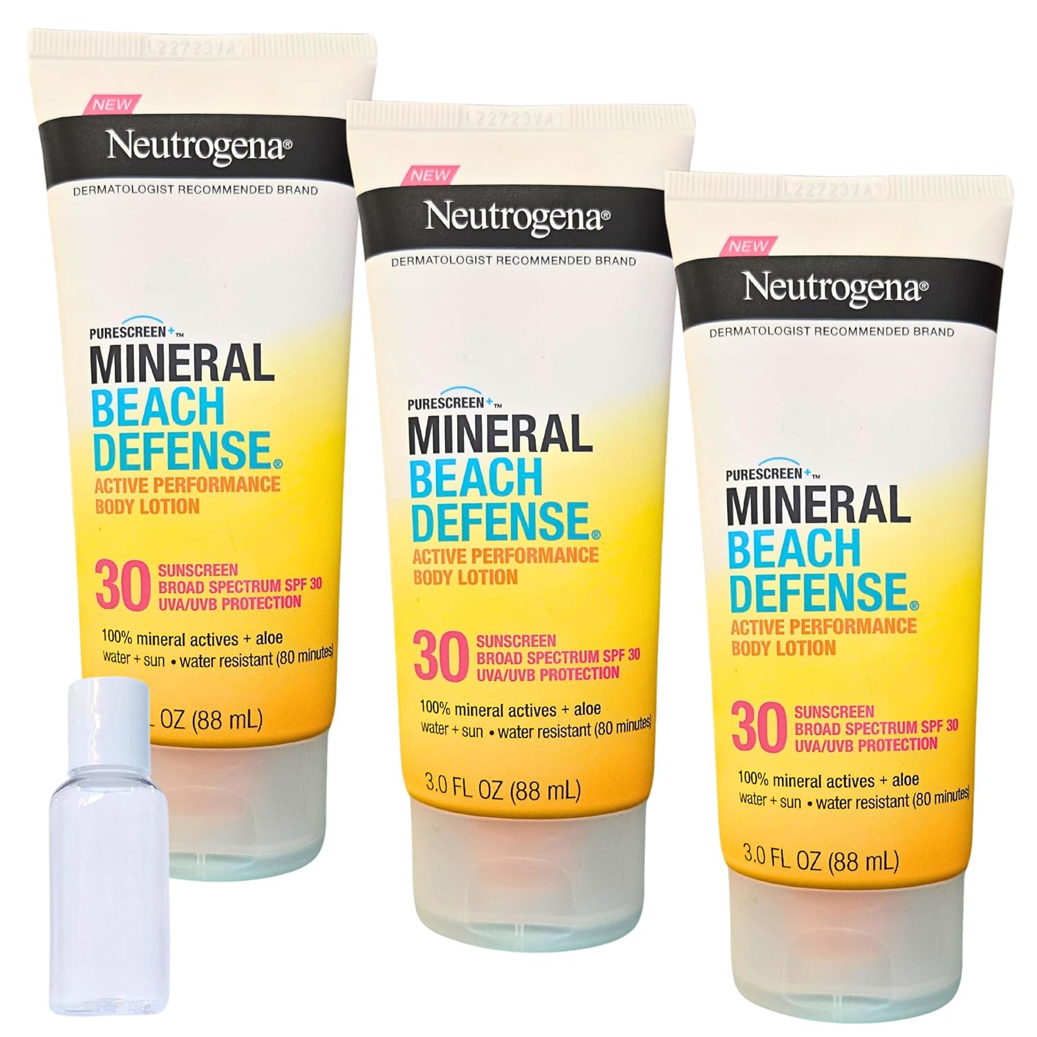 Neutrogene Mineral Beach Defense Sunscreen Lotion, SPF 30, Water Resistant, 3 fl oz, Pack of 3 with Free Travel Bottle