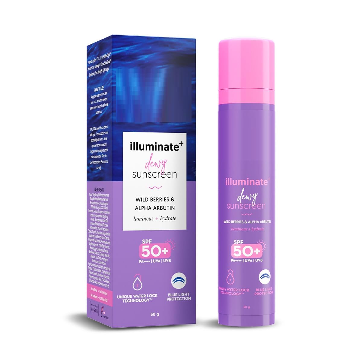 HIRU Illuminate  Dewy Sunscreen For All Skin Types Spf 50  Pa     With Wild BerriesAlpha Arbutin-50G|Protection Against Uva/Bamp;Blue Light|Fragrance-Free|For Luminous Sun Protected Skin,Pack Of 1